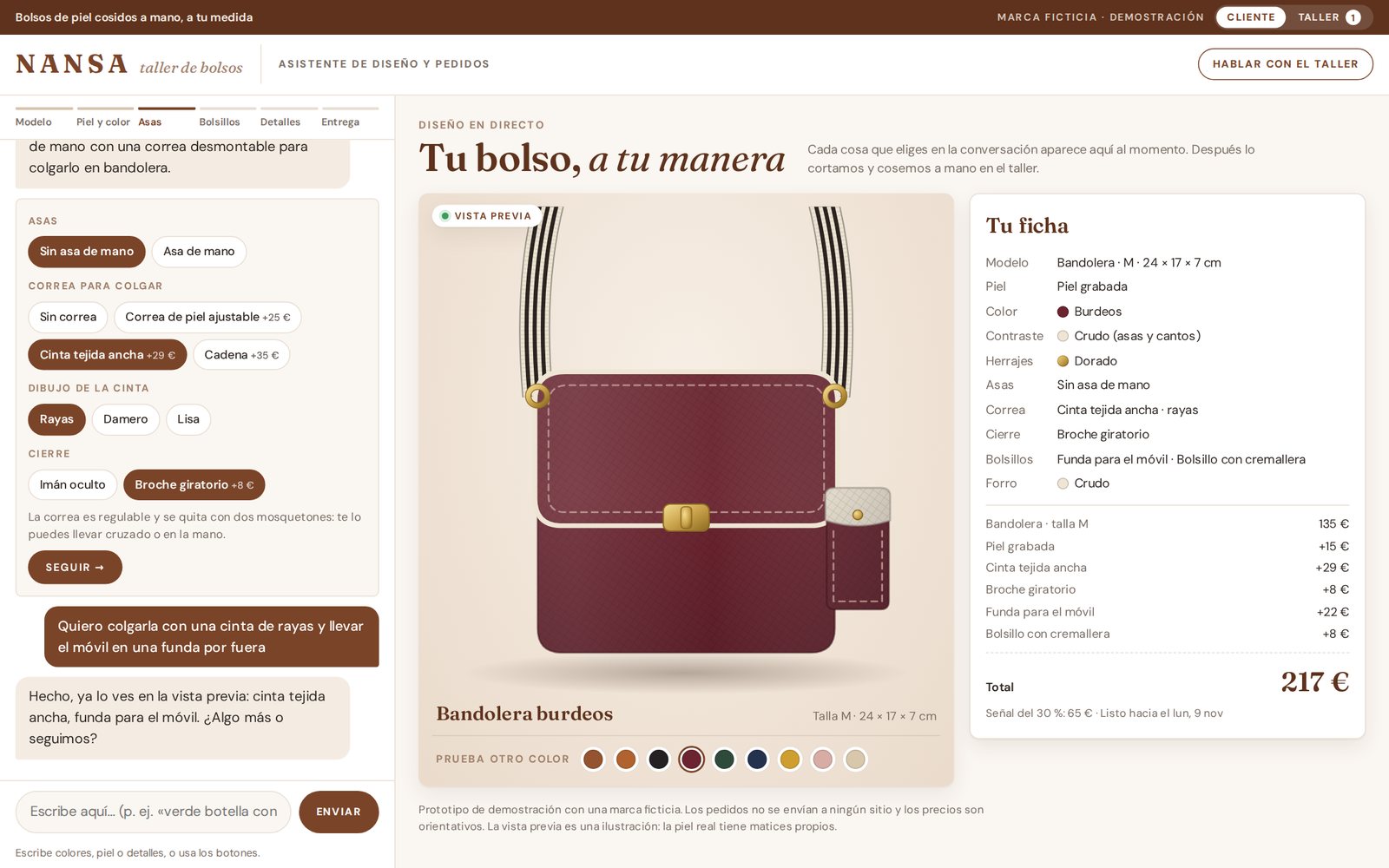 El asistente de ventas entiende una petición escrita en lenguaje natural y añade una cinta de rayas y una funda para el móvil a la bandolera