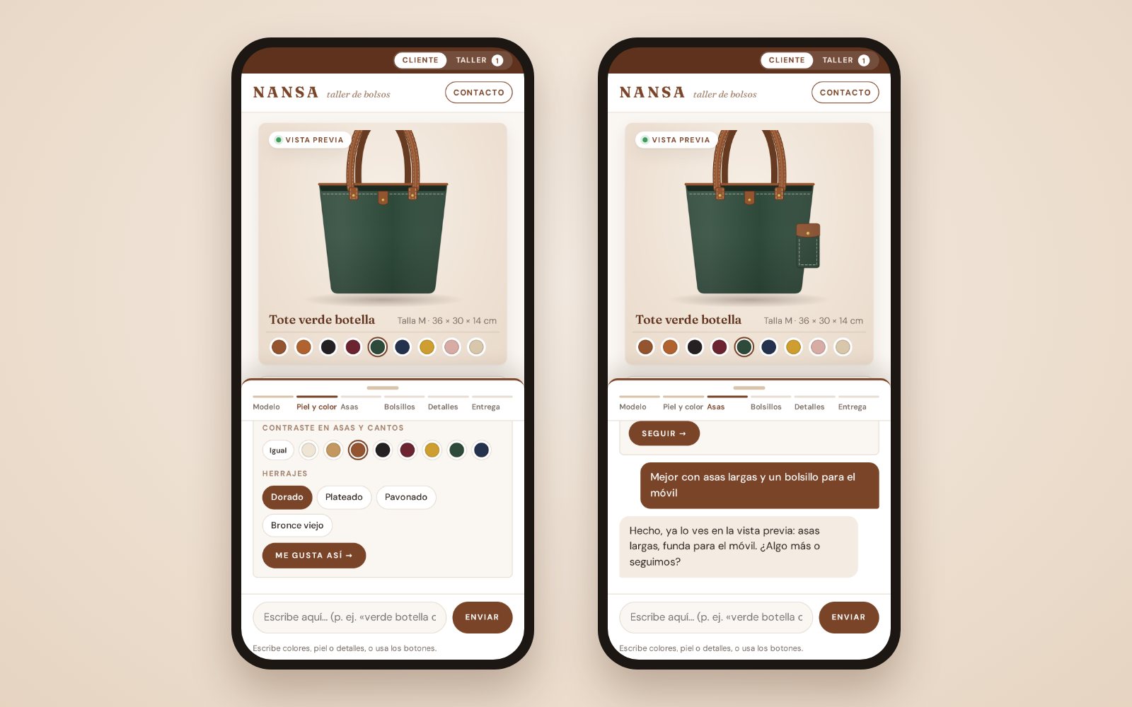 Dos pantallas de móvil del asistente de ventas: un tote verde botella con asas de cuero y, a continuación, el mismo bolso con una funda para el móvil añadida desde el chat