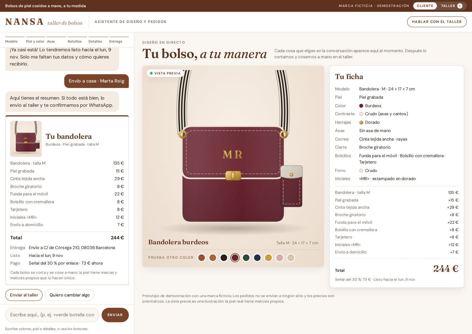Resumen del pedido generado por el asistente de ventas: bandolera burdeos con iniciales MR, desglose de precios, total de 244 euros, entrega a domicilio y pago de señal por enlace