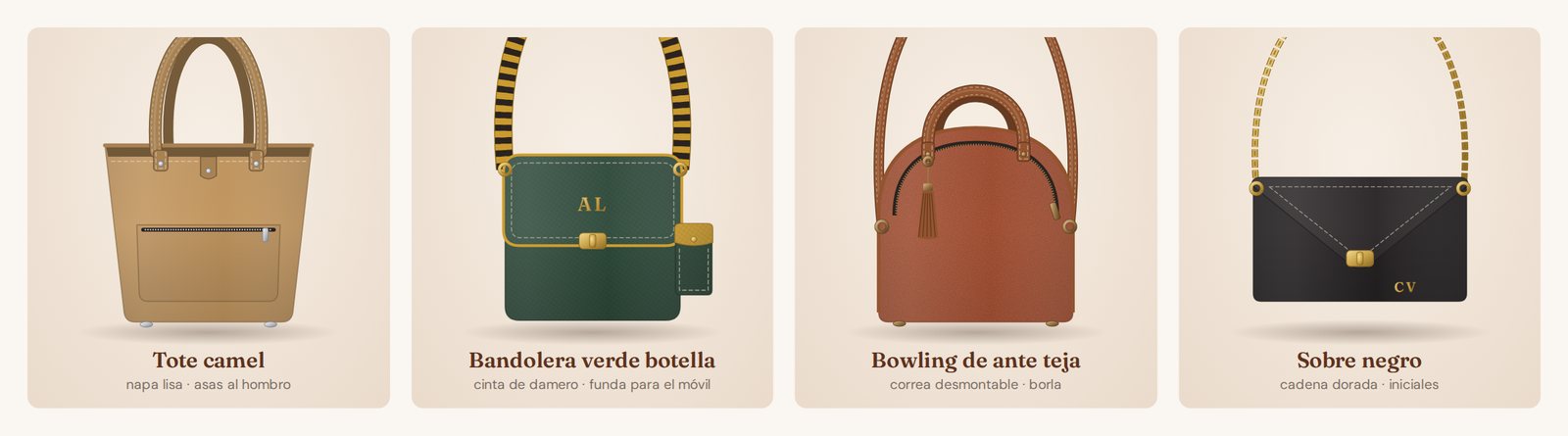 Cuatro bolsos diseñados con el mismo configurador: tote camel, bandolera verde botella con cinta de damero, bowling de ante teja con borla y sobre negro con cadena dorada